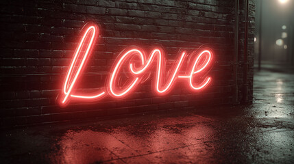 Red cursive Love neon sign on night street wall with emotional atmosphere