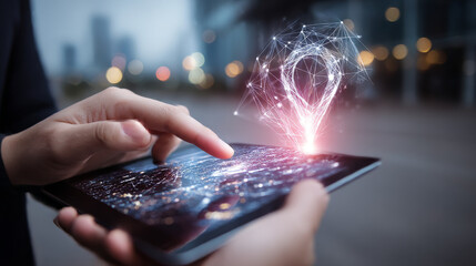 Pin on tablet screen isolated from low poly wireframe on white background. Traveling and technology. Vector abstract polygonal image mash line and point.  Digital  vector image.