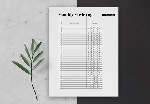 Monthly Movie Log Planner Letter Size Layout