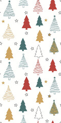 Obraz premium Seamless pattern with modern minimalist Christmas trees and stars. Vertical holiday background with stylized red, teal, and gold firs. Festive winter illustration for wrapping paper