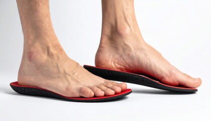 Bare feet on red and black shoe insoles against white backdrop, emphasizing arch support
