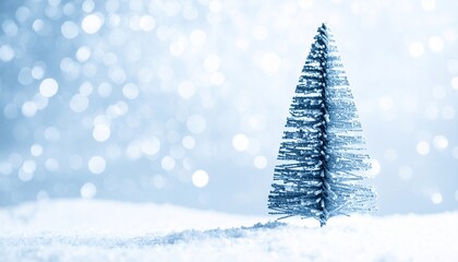A small, slender evergreen tree stands in snowy foreground with soft, bokeh background