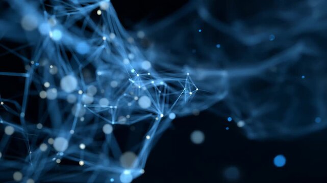 a complex digital network or "plexus" effect. It features numerous glowing blue dots (nodes) connected by thin, interlaced lines