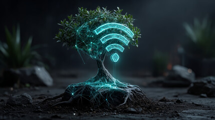 A sapling is growing on the ground.Connection to wifi.low polygon design of wifi symbol.Hi-tech agriculture and green technology concept glowing green tones on dark background.Vector illustration.