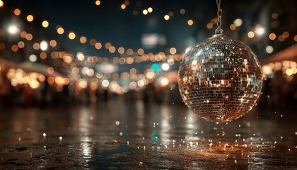 Disco ball sparkling with bokeh lights, festive party atmosphere