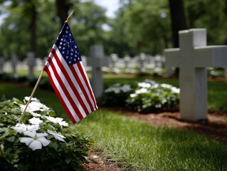 American flag honoring fallen veterans in military cemetery