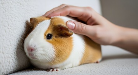Close-up of a cute guinea pig being gently petted by a human hand, showcasing its soft fur and adorable features in a heartwarming moment of connection and pet care