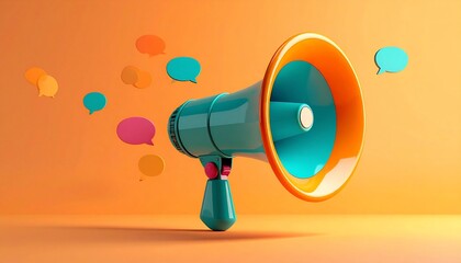 Cartoon megaphone, teal body, orange-blue horn, speech bubbles, warm background