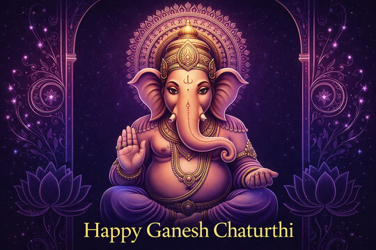 Divine purple illustration of lord ganpati sitting in lotus pose with floral archway for happy ganesha chaturthi and sankashti chaturthi indian religious festival banner background