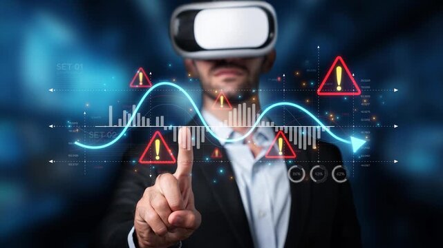 A professional man interacts with virtual reality technology, visualizing data metrics displayed with warning signs, illustrating advanced digital analytics and monitoring tools. Raster