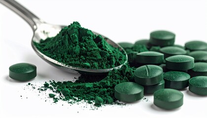 Green supplements Powder on a spoon and pills scattered, white background