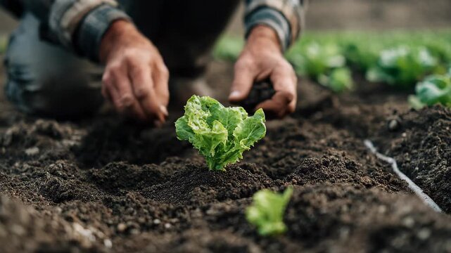 a close-up, ground-level view of a small, vibrant green lettuce plant being tended to in dark, fertile soil.