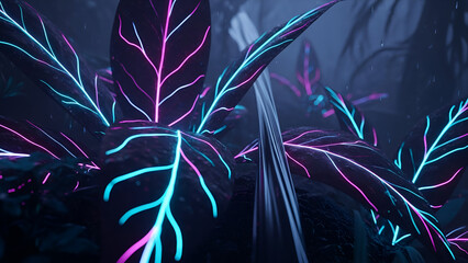 Immersive sci-fi macro shot of bioluminescent alien foliage with pulsating neon purple, blue, cyan, magenta veins in a dark misty jungle. Perfect for gaming backgrounds, cyberpunk themes,
