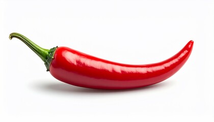Isolated, vibrant red chili pepper with green stem, casting a shadow on a white background
