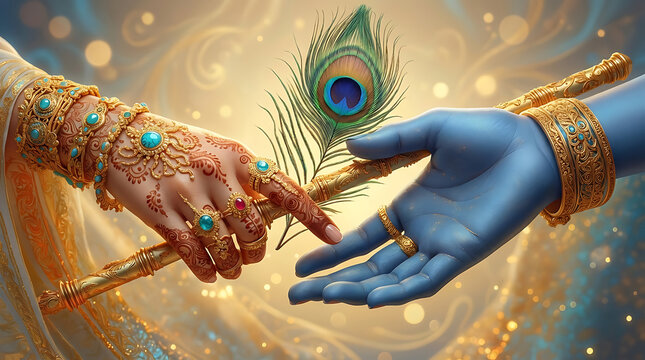 Close up of lord krishna blue hand and radha hand holding a golden flute together with a peacock feather on a magical bokeh background