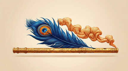 Beautiful golden lord krishna flute musical instrument adorned with a vibrant blue peacock feather floating against a soft beige background with artistic smoke swirls
