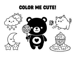 Black and white vector illustration of kawaii coloring page