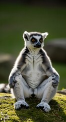 Obraz premium A serene ring-tailed lemur sits calmly on sun-drenched moss, its distinctive black and white fur and bright eyes capturing a tranquil moment
