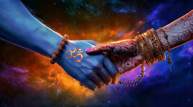 The blue hand of lord shiva with an om symbol holding the hand of goddess parvati against a colorful cosmic galaxy background representing universal energy