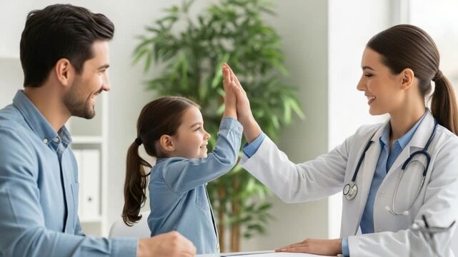 A young girl high fives a female doctor while a man smiles on in a medical office setting with a plant in the background