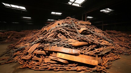 A large pile of rusted chains and metal components lies in a dimly lit industrial storage area