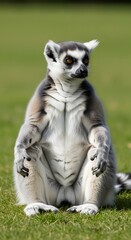 Obraz premium Ring-tailed lemur sitting on green grass, its iconic black and white ringed tail curled around its body, with a blurred background of lush foliage, captured in natural daylight