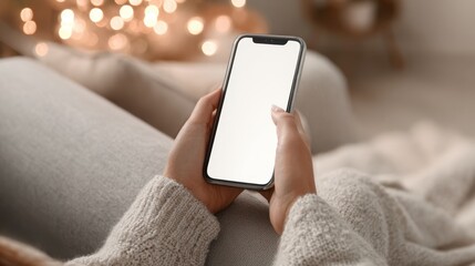 Person holding smartphone with blank screen at home