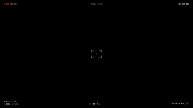 Digital drone camera interface with active recording and telemetry data featuring focus brackets and altitude markers on isolated black background for video overlay use