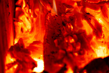 Wood burning in a fiery hot furnace