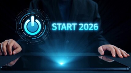 Start 2025 concept with futuristic power button symbolizing fresh beginnings, innovation, and digital transformation. Start 2025, new goals, and start 2025 initiative. Elide - Powered by Adobe