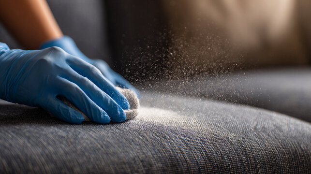 Close-up of a gloved female hand sprinkling baking soda onto a fabric sofa. Dry cleaning sofa concept, modern home hygiene and odor removal.