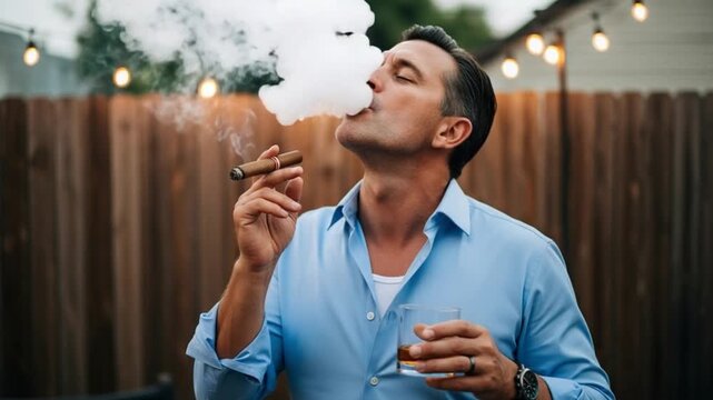 Man in blue shirt smoking a cigar with a glass of whiskey outdoors in a backyard