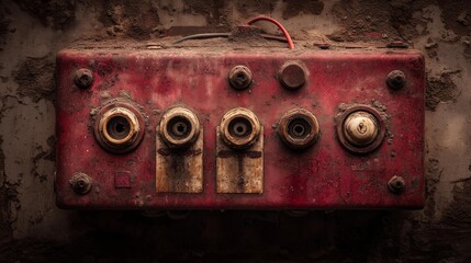 Weathered red electrical panel with ports and dust in an industrial setting