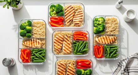 An overhead view of multiple glass meal prep containers filled with perfectly portioned grilled chicken brown rice broccoli bell peppers and green beans promoting healthy eating routines and weekly fo