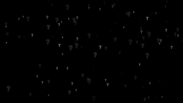 White question mark symbols floating and flickering with varied sizes in a scattered composition on isolated black background for mystery and educational video overlay use