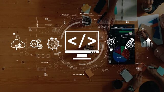 A dynamic workspace featuring coding symbols, charts, and visual data elements, highlighting collaboration and innovation in a tech-focused team environment. Raster