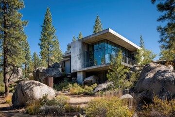 A contemporary house is elegantly nestled among towering rocks within a serene forest, embraced by lofty trees under a bright, sunny sky