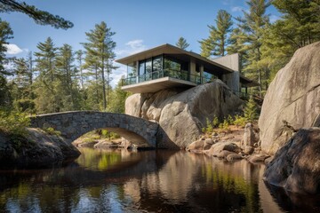 A contemporary house is beautifully situated on a rugged landscape, featuring a charming bridge that spans over serene waters, all framed by lush trees under the bright daylight