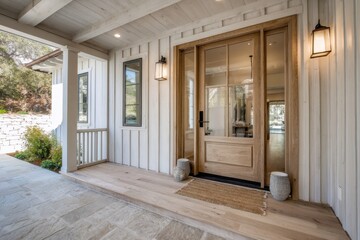 Front entrance of a house with wooden door and decorative lighting at a residential location on a sunny day in a suburban neighborhood