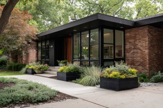 This contemporary residential house boasts expansive windows that let in abundant natural light, surrounded by lush green plants in a sunlit area