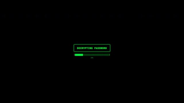 Digital hacking simulation interface with green terminal text scrolling logs followed by password decryption progress bar and access granted message on black background