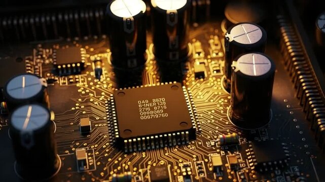 Closeup of a computer circuit board with a microchip and capacitors