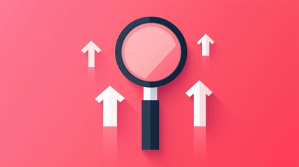 Magnifying Glass with Arrows on Vibrant Red Background Illustration
