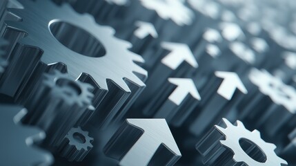 Close-Up View of Metal Gears and Arrows on a Blurred Background