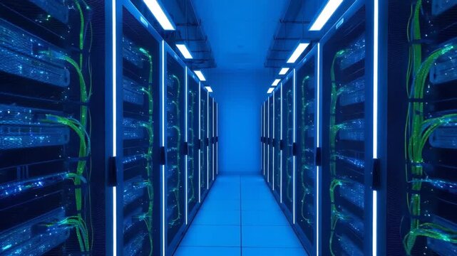 A long corridor lined with rows of computer servers and green cables in a dimly lit data center viewed from the end.