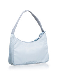 Light blue technical fabric bag with a modern and minimalist design, isolated on a white background with reflections.