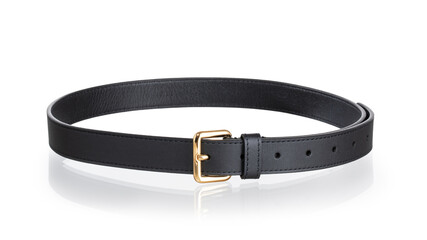 Brown leather belt with gold metal buckle, isolated on a white background with reflections.