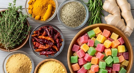Vibrant composition of aromatic natural spices and fresh herbs in bowls, contrasted with colorful sweet gummy candies, symbolizing diverse flavors