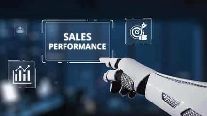 A robotic arm interacts with a digital interface to showcase sales performance metrics, embodying the future of business technology and automation trends. Synapse - Powered by Adobe