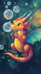 Adorable Orange Dragon Blowing Iridescent Bubbles in Enchanted Forest, Whimsical Fantasy Art